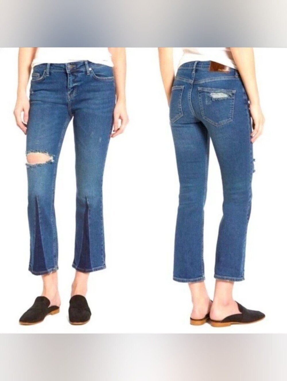 Free People Dark Blue Colorblock Denim Jeans with Contrast Stitching